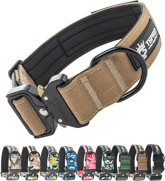 TSPRO Premium Dog Collars Tactical Dog Collar with Patch and Heavy Duty Quick-Release Metal Buckle Durable Thick and Adjustable for Medium to Large Dogs (Khaki L)