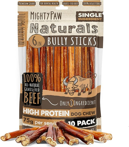 Mighty Paw Naturals Bully Sticks for Small & Medium Dogs - Grass Fed Beef Chews. Bully Sticks for Large Dogs. Lower Odor Stick Treat. Single Ingredient (6" - 10 Pack)