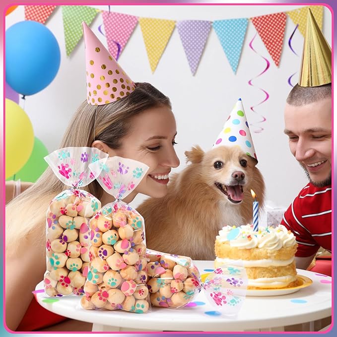 Blulu 100 Pieces Dog Treat Bags Puppy Party Favor Pet Paw Cone Cellophane Bags Candy Heat SealableDog Paw Gift with 100 Pieces Silver Twist Ties for Pet Cat Treat Party Favor(Pink and Purple)