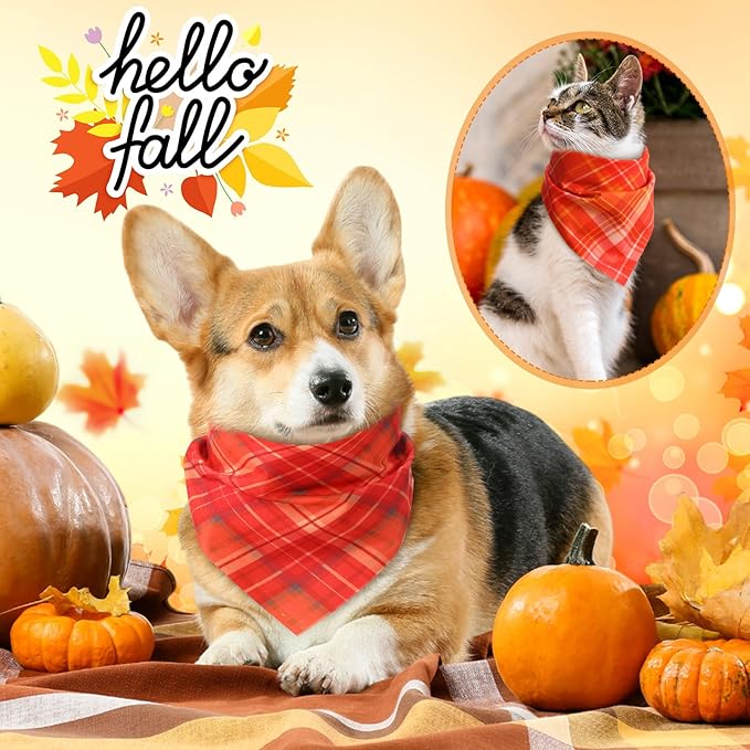 100 Pieces Thanksgiving Fall Dog Bandanas Bulk Plaid Bandanas for Dogs Autumn Soft Triangle Kerchief Bibs Adjustable Triangle Doggie for Small Medium Large Pets Party Costume