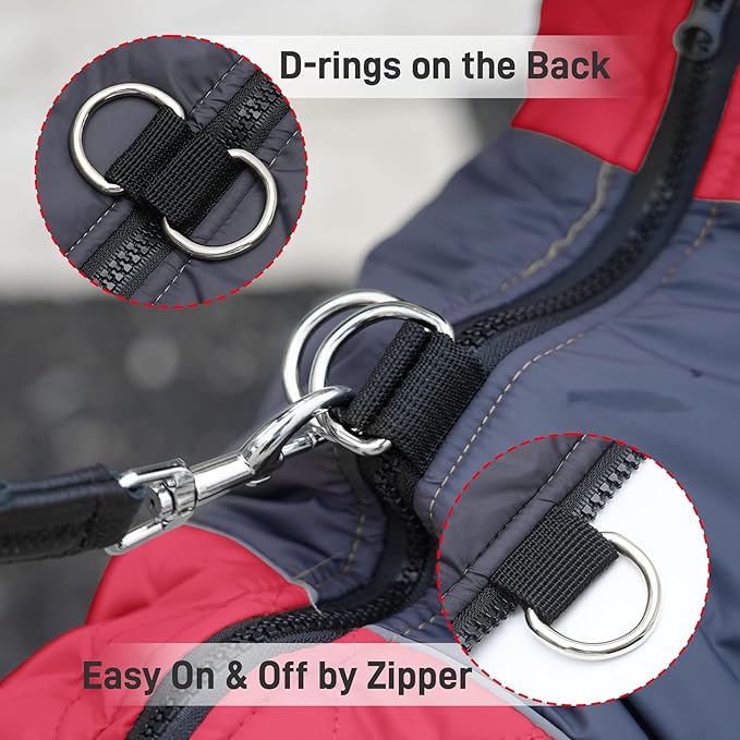 Warm Fleece Dog Coats for Small Dogs,D-Rings Waterproof Puppy Jacket for Cold Winter,Red M