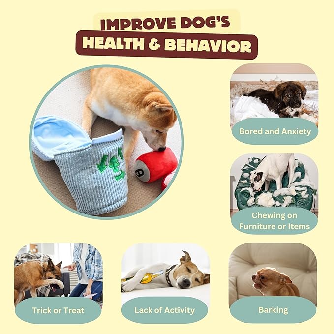 Squeaky Dog Toy, Interactive Plush Hide & Seek Puzzle Toys for Small Medium Large Dogs – Treat Dispenser 4-in-1 Durable Chew Toy, Dog Birthday for Dog Gifts (Trash Can)