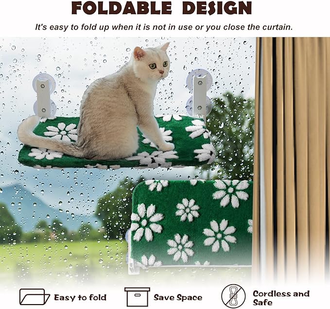 Cat Window Perch, Foldable Cat Window Hammock with Cute 3D Textured Flower Cover and Strong Suction Cups, Cordless Window Seat Bed for Indoor Cats (Green Flower, Large)