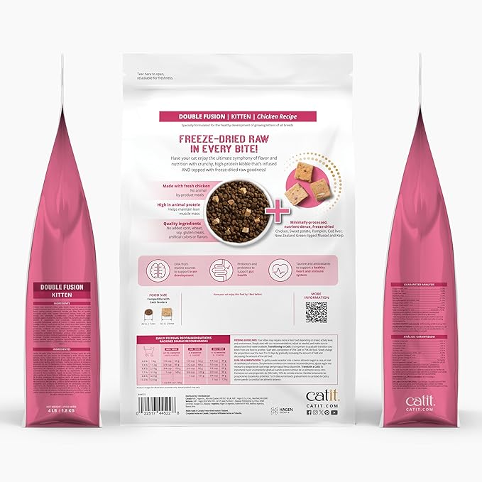 Catit Recipes Double Fusion Kitten Food – Chicken Recipe, 96% Animal Protein, Freeze-Dried Raw Toppings, No by-Products, High-Nutrient Wet & Dry Blend for Healthy Growth, 4 lb