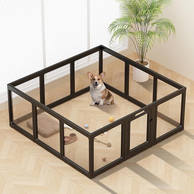Clear Acrylic Dog Playpen Indoor, Puppy Cat Small Pet Play Pen, Pet Cat Foldable Playpen for Rabbits, Dog Fence Crate Kennel Whelping Cage (Black, 12 Panel)