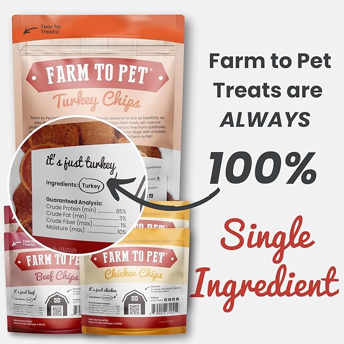Farm To Pet - Puppy Training Treats Starter Pack Turkey 4oz + 2 Chicken & 2 Beef Snack Chips for Small Dogs - Value Pack Treats, 100% All Natural, Single Ingredient, Puppy Essentials Made in USA