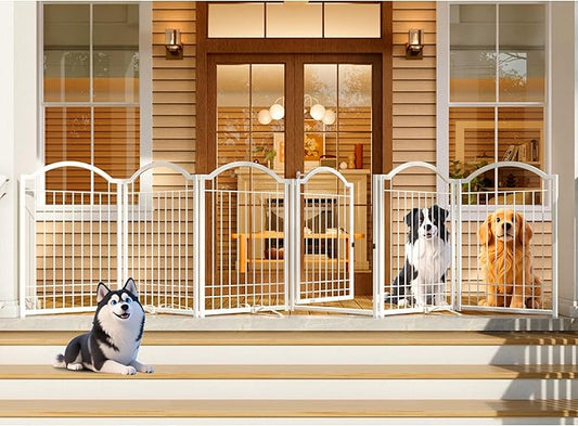 4NM Metal No Drilling Expandable Dog Gate, Extra Wide 144", Extra Tall 32" Free Standing Pet Gate with Door, Gates for Dogs Outdoor or Indoor, with 4PCS Support - White