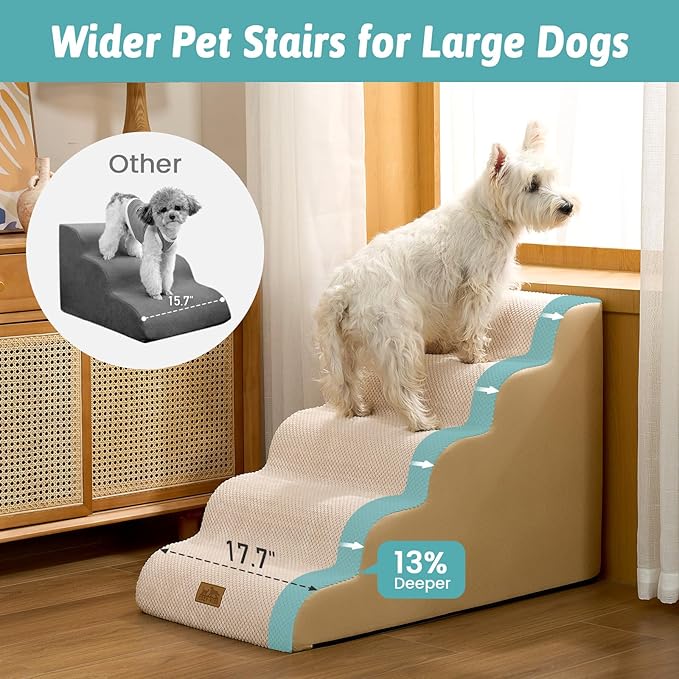 Wide Dog Stairs for Small Dog 22.6" H, Curved Pet Step for Puppy, Older Cat, Curved Ramp for High Bed or Car, Ladder with High Density Foam, Durable, 5 Step, 17.7x33x22.6 inch, Beige