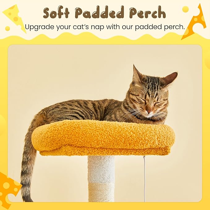 MWPO Cat Tree, 63.8-Inch Cat Tower for Indoor Cats, Multi-Level Cat Condo with 5 Scratching Posts, 2 Perches, Hammock, Dangling Toys, Yellow