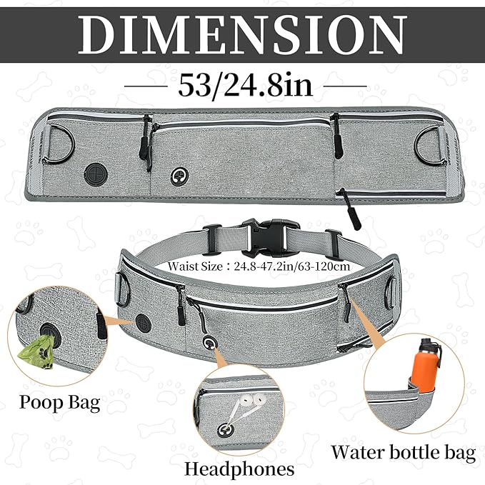 Waist Dog Hands Free Dogs Leash, Waist Running Leash with Zipper, Walking Pouch for Dog Walking, Reflective Dual Padded Handles Bungee Retractable Running for Medium to Large Dogs (Grey)