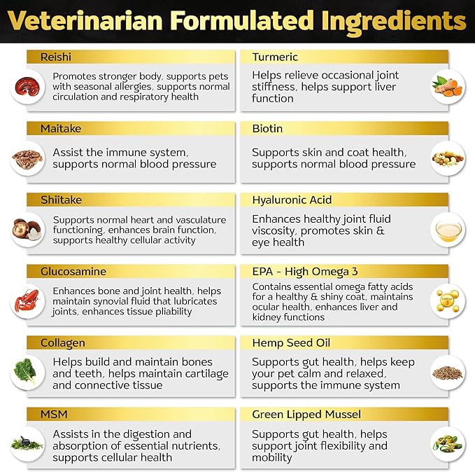 Hip and Joint Chews for Dogs Plus Skin and Coat Supplement - Dog Joint Pain Relief Treats - Glucosamine, Chondroitin, MSM, Hemp Oil, Turmeric, Omega 3 for Dogs, Mobility Bites Dog Health