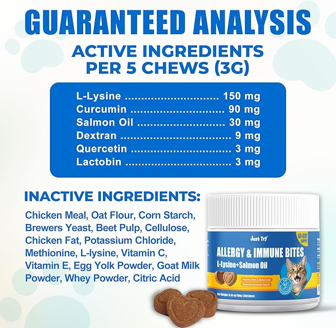 Just Try 300 Bites Allergy & Immune Bites for Cats - with L-Lysine & Quercetin for Itchy Skin Relief & Cat Allergy- Skin & Coat Health Eye Health- Grain Free Dietary Supplements for Pets