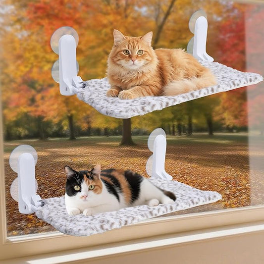 Cat Window Perch, Cordless Foldable Cat Hammock Bed with 4 Suction Cups, Embeded Machine Washable Bed for Indoor Cats, Strong Metal Frame Holds 40lbs (Leopard Print, Two Pieces)
