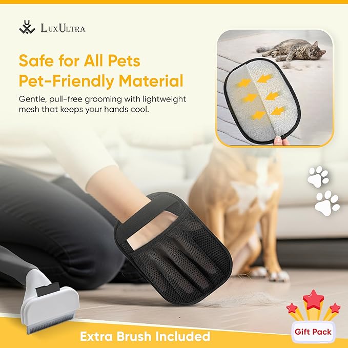 LuxUltra 2 Pcs Electrostatic Pet Hair Removal Gloves for Furniture, Couch, Carpet & Clothes | Reusable & Washable Fur Remover Mitt Set | Includes Bonus Cat & Dog Grooming Brush