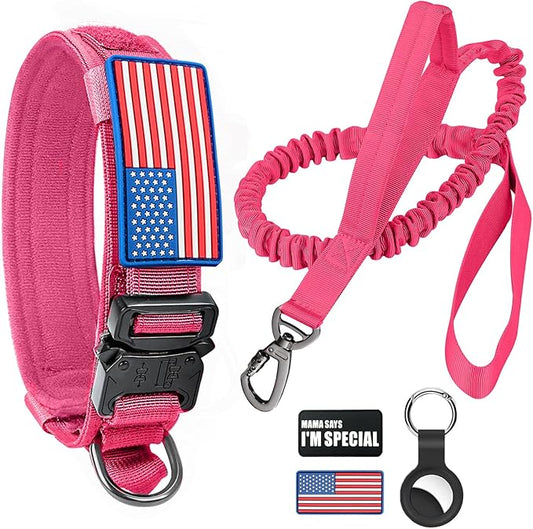 Tactical Bungee Leash & Military Dog Collar Set, USA Flag Adjustable K9 Collar with Heavy Duty Metal Buckle & Handle, Patches & Airtags Case (Pink, XL)