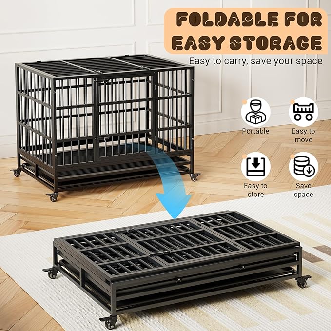 42 in Heavy Duty Dog Crate, Foldable Indoor Dog Cage with Double Door, 360° Lockable Wheels and Removable Tray, Easy to Clean and Assembly，for Small Medium Large Dogs