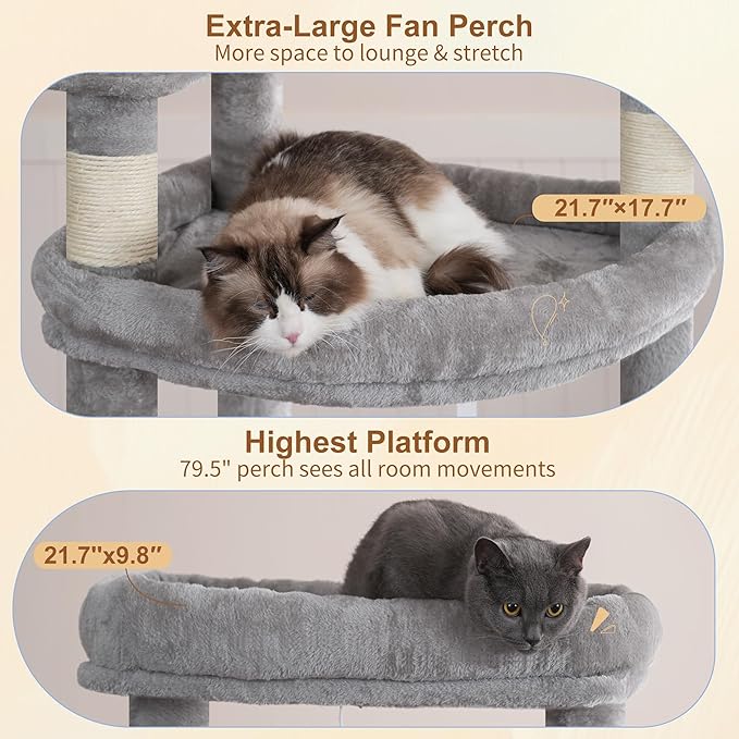 Heybly Tall Cat Tree for Large Cat, 80-inch Multi-Level Cat Tower for Indoor Cats with Large Baseboard, Condo Furniture with 2 Widened Plush Perches,Scratching Board and Big Caves, Light Gray HCT038W