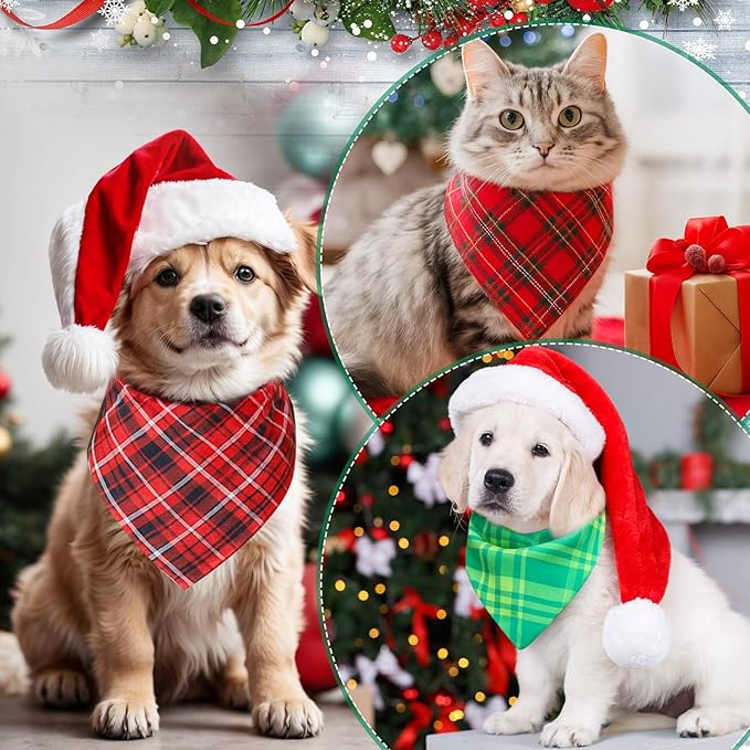 Abbylike 100 Pcs Christmas Dog Bandanas Bulk Red and Green Buffalo Plaid Bandanas for Dogs Triangle Kerchief Bibs Scarf for Pet Xmas Costume Photo Props Accessories, 25 Styles (19.7 x 13.8 x 13.8)