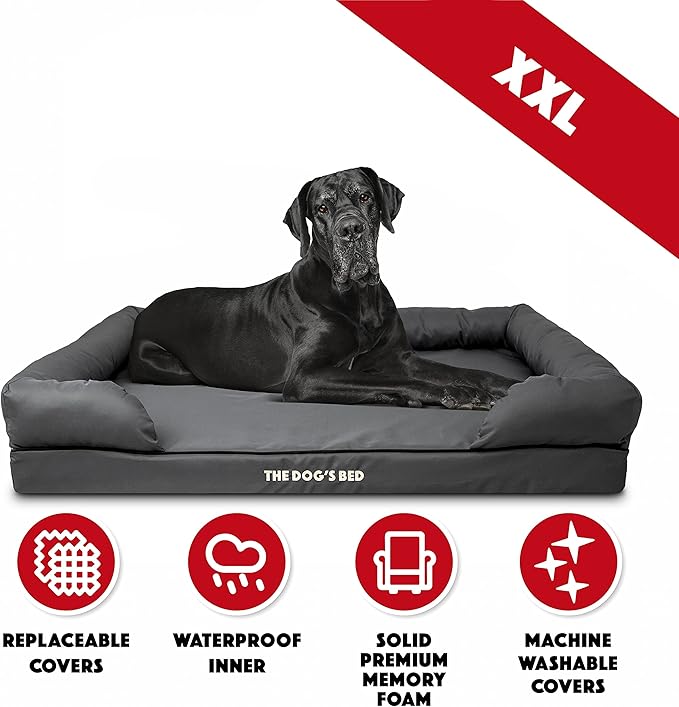 The Dog’s Bed, Dog Bed XXL Grey, Memory Foam, Pain Relief: Arthritis, Hip & Elbow Dysplasia, Post Surgery, Lameness, Supportive, Calming, Waterproof Washable Cover