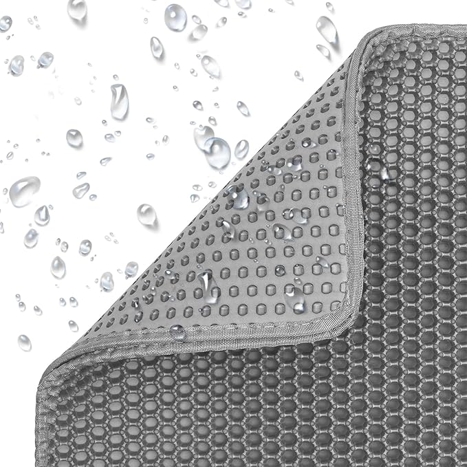 Cat Litter Mat Cat Litter Trapping Mat, 46 x 24 inch Honeycomb Double Layer Design, Urine and Water Proof Material, Scatter Control, Less Waste, Easier to Clean, Washable Gray