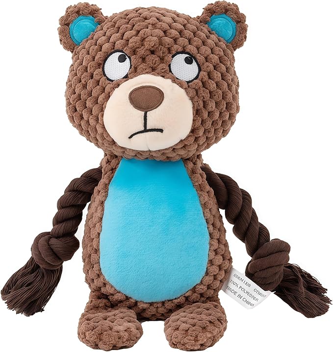 Plush Bear Dog Toy with Rope Arms, Squeaky Interactive Pet Toy, Brown and Blue, for Small & Medium Dogs