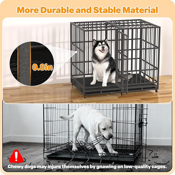 Heavy Duty Indestructible Dog Crate 54 Inch with Removable Tray, Sizes & Colors Optional, Escape Proof Double Door High Anxiety Cage Indoor, Kennel with Wheels for Large Dogs, XL XXL XXL