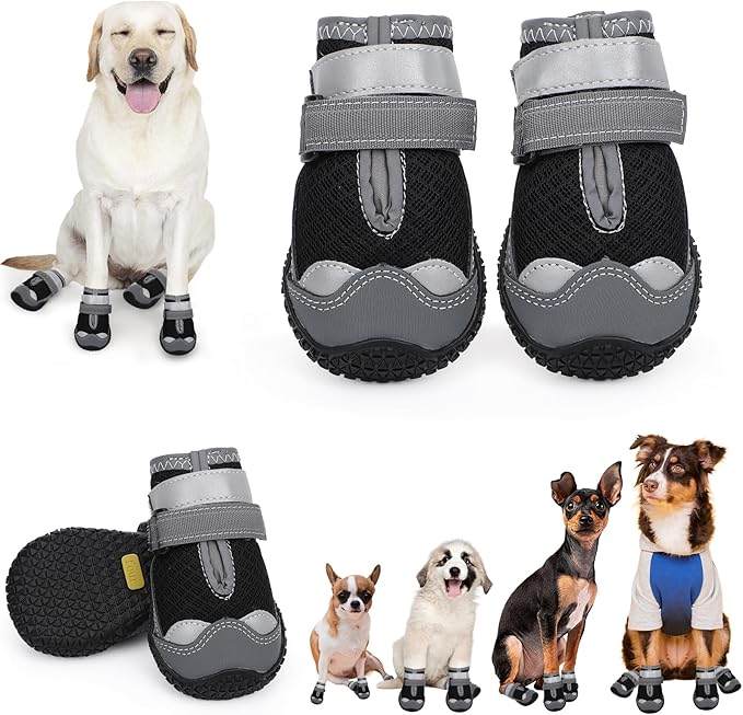 Dog Shoes for Hot Pavement,Dog Boots & Paw Protectors for Large Medium Size Dogs to Prevent Licking,Dog Booties with Reflective for Outdoor,Hiking,Hardwood Floors,Winter Snow(Black Grey,Size7)