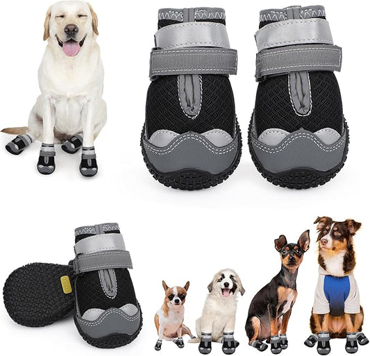 Dog Shoes for Hot Pavement,Dog Boots & Paw Protectors for Large Medium Size Dogs to Prevent Licking,Dog Booties with Reflective for Outdoor,Hiking,Hardwood Floors,Winter Snow(Black Grey,Size1)