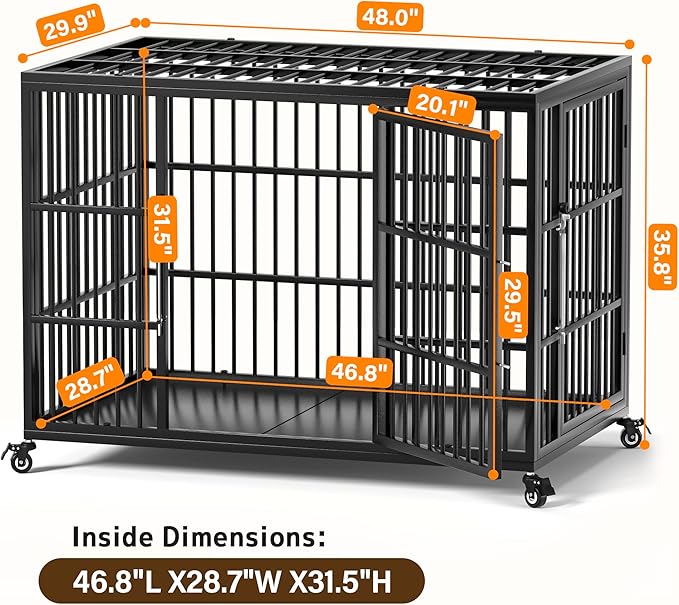 VERIFURTY 48 Inch Heavy Duty Dog Crate for Large Dogs with Self-Locking Latch, Escape-Proof Steel Kennel Indoor, XL Large Double Door Metal Pet Cage with Wheels