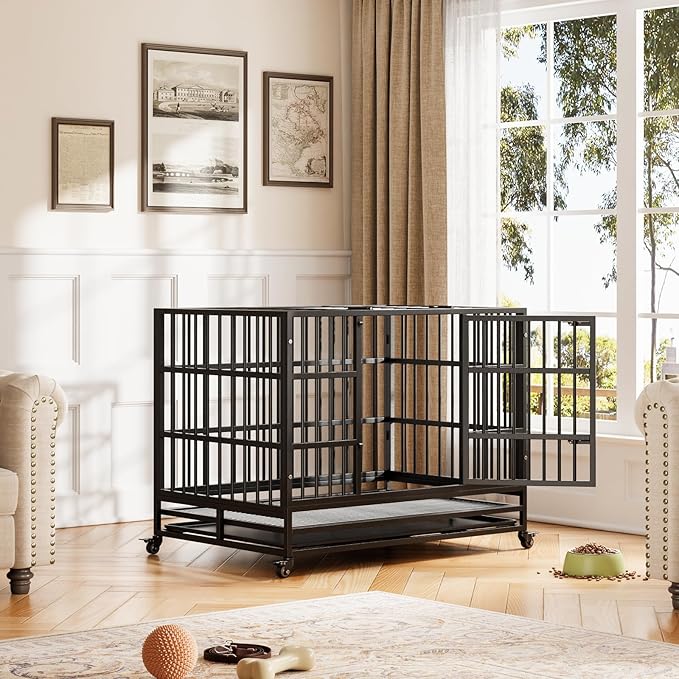 42 in Heavy Duty Dog Crate, Foldable Indoor Dog Cage with Double Door, 360° Lockable Wheels and Removable Tray, Easy to Clean and Assembly，for Small Medium Large Dogs