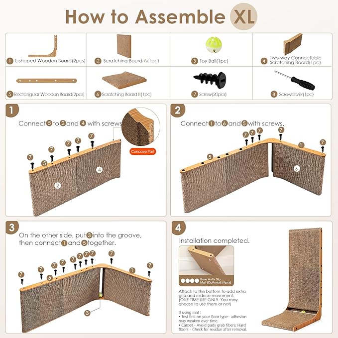 EHEYCIGA Cardboard Cat Scratcher for Indoor Cats, 32 Inch L Shaped Vertical Cat Scratching Board with Ball Cat Toy, Extra Large Cat Scratcher Pad, Brown