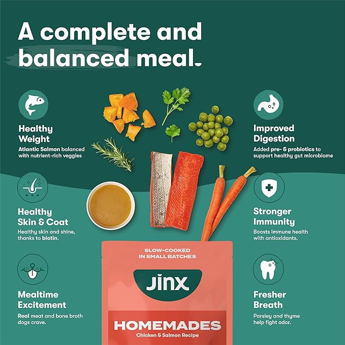 Jinx Salmon Grain Free Wet Dog Food Toppers, Meal or Mix with Dry Dog Food, Made with Real Salmon & Chicken, Bone Broth, No Fillers, Puppy, Adult, Senior, 9oz, 6 Pack