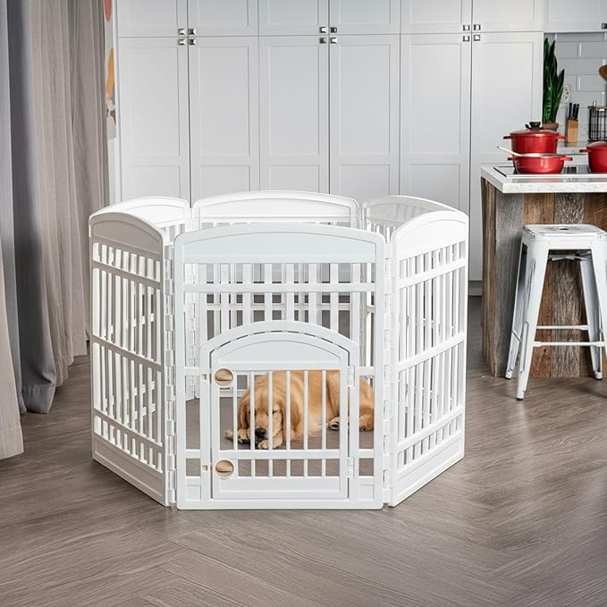 IRIS USA 34" 6-Panel Dog Playpen with Door, 44 x 63 x 34, Puppy Fence, Puppy Playpen, Dog Play Pen Indoors, Pet Fence, Puppies/Small Dogs, White
