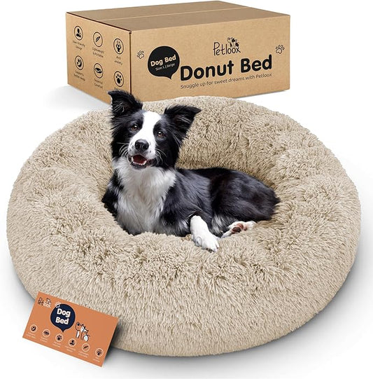 Donut Dog Bed - Premium Comfort for Anxiety Relief - Fluffy & Calming Design with Ultra-Plush Support | Cozy Round Dog Bed with Super Soft Circle Style (Size L Beige)