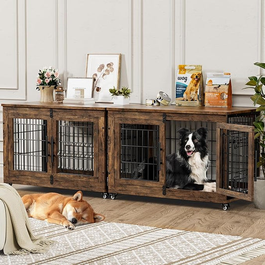 Dog Crate Furniture with Cushion Set of 2, Large Wooden Dog Kennel Indoor with Double Doors, Dog Cage with Wheels, Dog House Side End Table for Large Medium Dogs up to 70 lb, 38.5” L, Rustic Brown