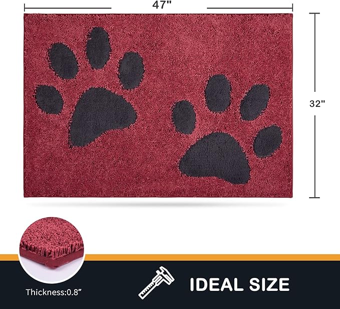 PURRUGS Dirt Trapping Door Mat 32" x 47", Non-Skid/Slip Machine Washable Microfiber Entryway Rug, Dog Doormat, Super Absorbent Welcome Mat for Muddy Wet Shoes and Paws, Burgundy Red