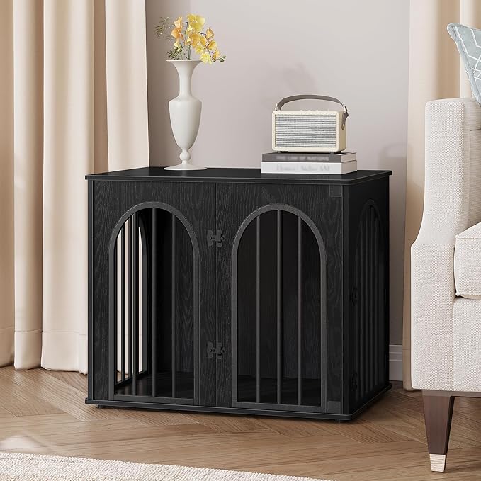26.8'' Wooden Dog Crate Furniture, Indoor Dog Kennel Dogs Cage for Small Dogs, Heavy Duty Dog Crates Decorative Pet House End Side Table TV Stand, Black DFC85504B