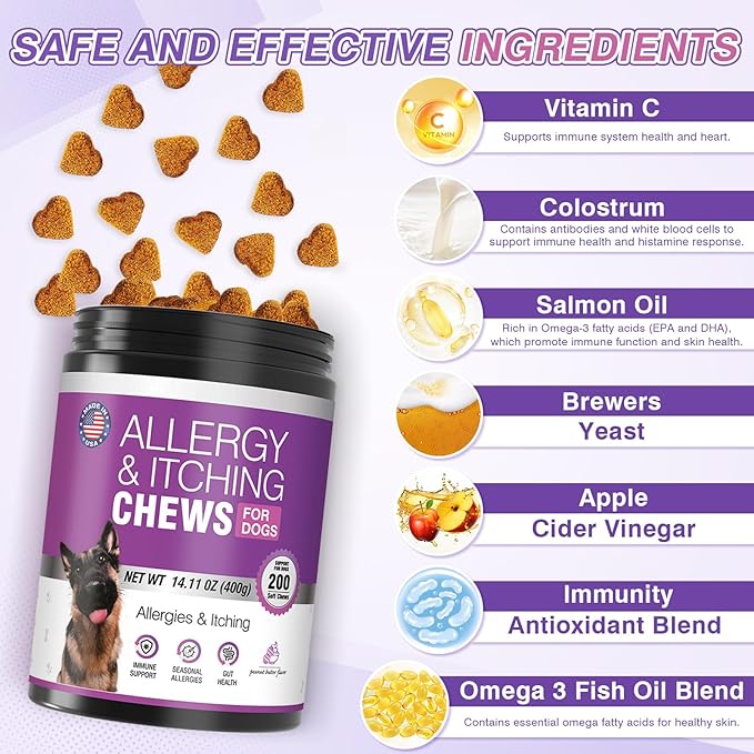 Dog Allergy Chews - Dog Allergy and Itching Skin Relief Anti Itch Aller Immune Bites for Dogs licking Paws Relief Itchy Chew Probiotics Vitamins for Skin and Coat Allergies - (Peanut Butter, 200 Ct)