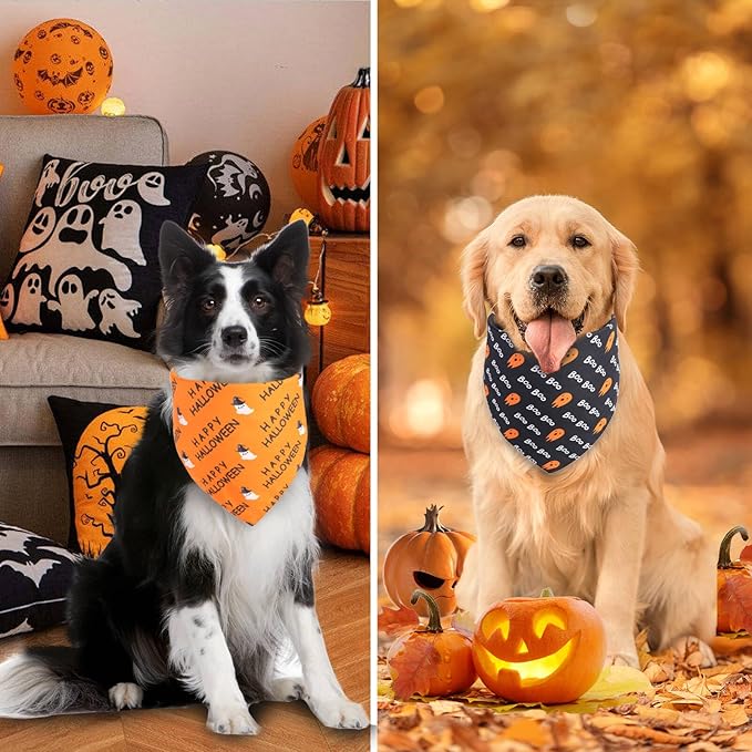 Halloween Dog Bandanas XLarge 2PCS, Reversible Triangle Dog Scarfs with Pumpkin, Spide, Bat, Ghost, Fall Puppy Bandanas Bib Handkerchief for Boy and Girl, Holiday Bandanas