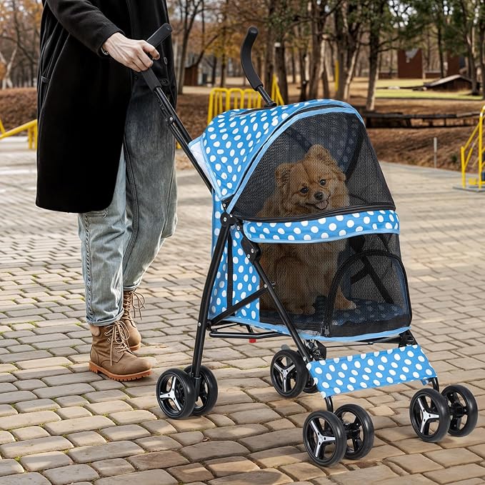 Magshion Compact Pet Stroller for Small-Medium Dogs/Cats up to 22lbs, 4-Wheel Lightweight Umbrella Shaped Portable Puppy Travel Jogger with Breathable Mesh & Rear Storage, Sky Blue Polka Dots