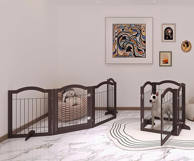 Vantas Folding No-Assembly Dog Door Pet Gate 96" Wide, 30" Tall Wooden Dog Gate with Door Walk Through, Freestanding Wire Pet Gate, Pet Puppy Safety Fence, with 2PCS Support – Espresso