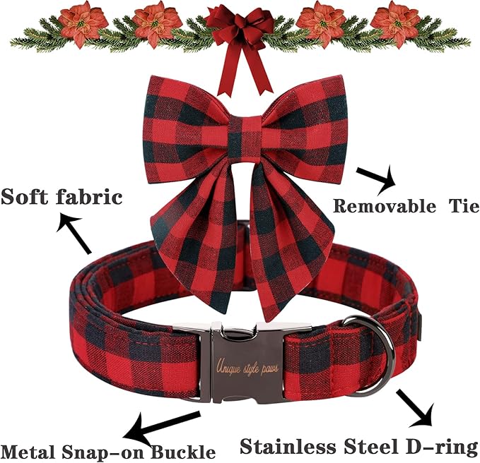 Unique style paws Christmas Dog Collar with Bow Tie Classic Red Plaid Puppy Collar for Small Medium Large Dogs as Holiday Winter Gifts-XL