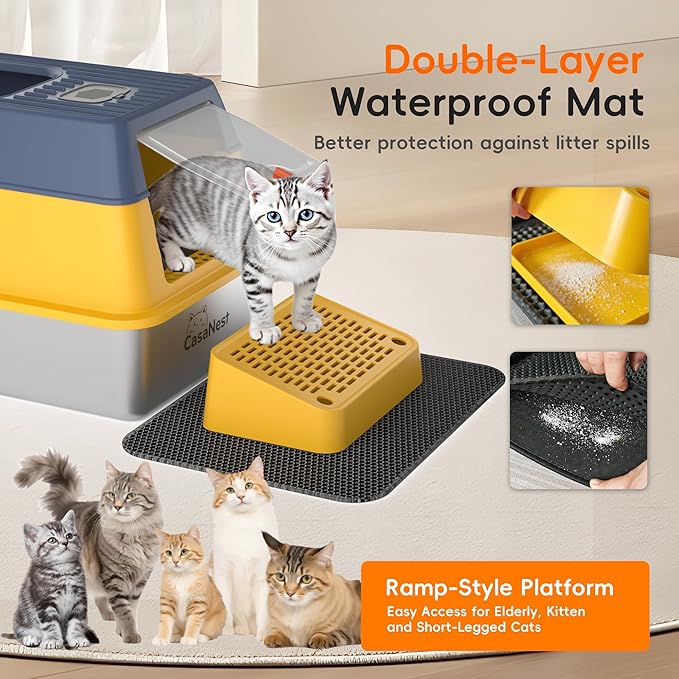 3-in-1 Stainless Steel Cat Litter Box with Lid, Enclosed Top Entry Metal Litter Box for Large Cats, Non-Stick & Odor Control, Leak-Proof, Easy Cleaning for Multi-Cat Home, Extra Large, Yellow