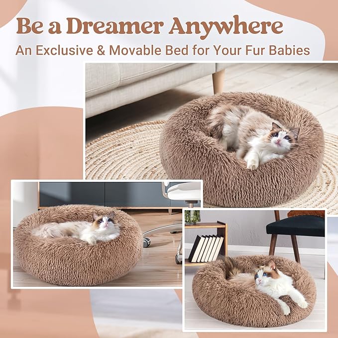 rabbitgoo Cat Beds for Indoor, 20 inches Machine Washable, Fluffy Round Pet Bed Non-Slip, Calming Soft Plush Donut Cuddler Cushion Self Warming for Small Dogs Kittens, Light Brown, Medium