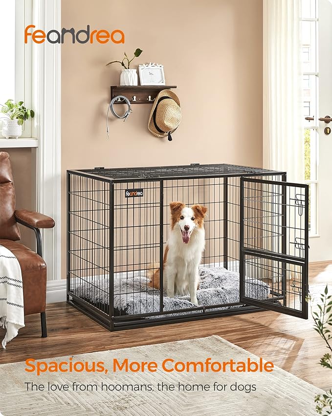 Feandrea 42.1 Inch Heavy Duty Dog Crate, Metal Escape Proof Kennel with Double Doors and Convenient Feeding Door, Removable Tray, Easy to Clean, XL Pet Crate for Large and Medium Dogs, Black