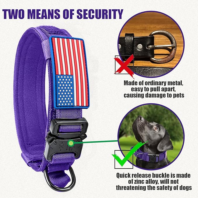 Tactical Dog Collar Military Dog Collar Adjustable Nylon Dog Collar Heavy Duty Metal Buckle with Handle for Dog Training,with Patches(Purple, M)