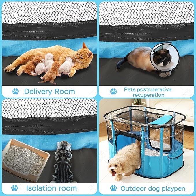 Portable Pet Playpen with Waterproof pad, Collapsible Crates Kennel Playpen for Dog cat and Rabbit &Travel playpen Outdoor or Indoor (Medium（31.5" L x 23.6" W x 21.7" H）, Clear Blue)
