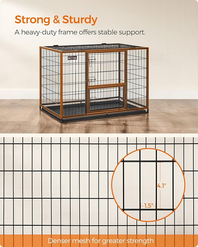 Feandrea 42.1 Inch Heavy Duty Dog Crate, Metal Escape Proof Kennel with Double Doors and Convenient Feeding Door, Removable Tray, Easy to Clean, XL Pet Crate for Large and Medium Dogs, Black