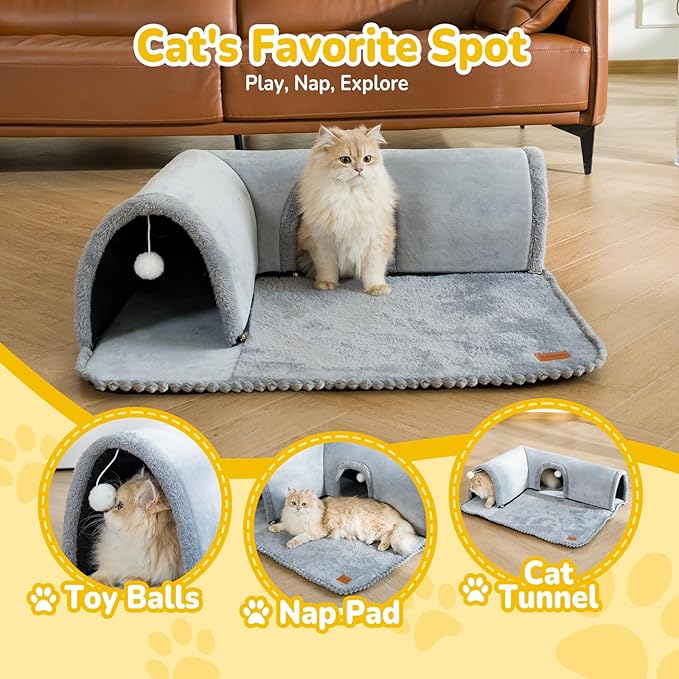 CATISM Cat Bed with Tunnel - Cat Beds for Indoor Cats 3-Way Ports 3 Toys, Soft Cave, Large Tunnel, Detachable Rug, Non-Slip Bottom Carpet for Kitten Ferrets Small Animals