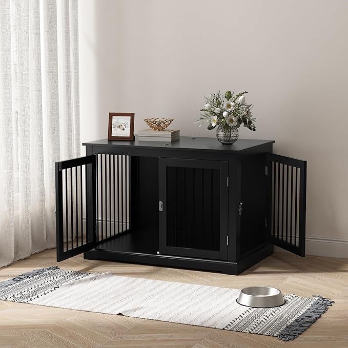 Furniture Style Dog Crate with Cushion, Dog Kennel Medium, Pet Crates, Dog Cage for Small and Medium Dogs, Decorative Dog Kennel with Flip-top Plate, Chew-Proof Metal Bars, Black